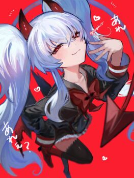 1girl :3 albino black_thighhighs blush boots bow closed_mouth collarbone commentary_request crossed_bangs demon_girl demon_horns demon_tail demon_wings foreshortening from_above grim_aloe hair_between_eyes hand_on_own_hip heart high_heel_boots high_heels highres horns kusogaki115 long_hair long_sleeves looking_at_viewer low_wings mesugaki narrowed_eyes perspective quiz_magic_academy red_background red_bow red_eyes red_horns red_tail sailor_collar sidelocks simple_background skirt smile smug solo standing standing_on_one_leg tail thighhighs twintails twitter_username very_long_hair white_hair wings