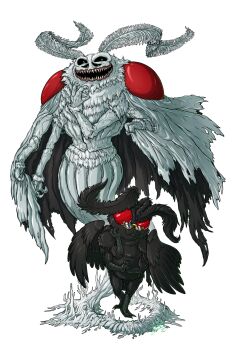 1boy antennae arthropod_boy black_sclera black_wings cape claws colored_sclera dual_persona evil_smile extra_arms godslush highres look_outside looking_at_viewer male_focus monster_boy moth_antennae moth_boy mushroom_boy no_humans open_mouth phillippe_(look_outside) red_eyes semi-rimless_eyewear sharp_teeth smile teeth white_cape wings