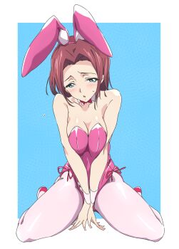 1girl alternate_costume animal_ears bare_shoulders blue_background blue_eyes blush bow bowtie breasts cleavage code_geass collarbone detached_collar fake_animal_ears highres kouzuki_kallen leotard medium_breasts open_mouth pantyhose pink_leotard pink_pantyhose playboy_bunny rabbit_ears red_bow red_bowtie red_hair short_hair sitting solo umanosuke wariza