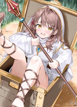 1girl absurdres breasts brooch brown_eyes brown_hair colorized commentary_request fa6ikyl gladiator_sandals hair_ornament highres holding holding_staff in_container jewelry legs_up long_sleeves looking_at_viewer mariya_mikhailovna_kujou medium_breasts monochrome open_mouth robe sandals solo staff third-party_edit tokidoki_bosotto_roshia-go_de_dereru_tonari_no_alya-san tokidoki_bosotto_roshia-go_de_dereru_yuusha_no_alya-san treasure_chest two-handed veil