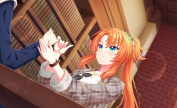 Rule 34 | 1girl, blue eyes, blurry, blush, bookshelf, bracelet, commentary request, game cg, hair ornament, highres, jewelry, long hair, necklace, official art, orange hair, plaid clothes, plaid shirt, ponytail, ramona wolf, scrunchie, shirt, solo focus, third-party source, watch, world dai star, wristwatch
