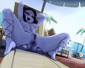 1boy 2girls anus arms_behind_head arthropod_girl beach_umbrella bikini bikini_bottom_only black_hair black_nails breasts chair colored_sclera colored_skin extra_arms extra_eyes fangs goat_girl highres insect_girl looking_at_viewer lounge_chair mdthetest monster_girl muffet multiple_girls navel on_chair open_mouth palm_tree presenting_anus purple_skin red_bikini skin_fangs spider_girl spread_legs swimsuit topless_female toriel tree umbrella undertale utdr_(toby_fox)
