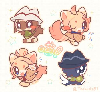 ... 2boys 2girls :3 :d ^^^ ahoge animal_ears animalization black_hair black_hat blonde_hair blue_eyes blush_stickers brown_hair brown_jacket cat cat_ears cat_tail commentary_request fang from_behind from_side full_body gradient_hair green_jacket grey_eyes harmony_(pokemon) hat highres jacket multicolored_hair multiple_boys multiple_girls nintendo one_eye_closed open_clothes open_jacket open_mouth pawpads paxton_(pokemon) pink_hair pokemon pokemon_legends:_z-a red_shirt shirt signature single_blush_sticker sitting skin_fang smile solid_oval_eyes star_(symbol) striped_hat tail taunie_(pokemon) thebirds07 topknot urbain_(pokemon) white_hat