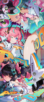 Rule 34 | 4girls, absurdres, angels of delusion, aqua hair, aqua streaks, aria (zenless zone zero), arm warmers, backless dress, backless outfit, bare shoulders, black hair, black skirt, black sleeves, black thighhighs, blue eyes, bow, breasts, center frills, chinese commentary, closed mouth, colored inner hair, commentary request, covering own mouth, detached sleeves, dress, dual persona, english text, fingerless gloves, frilled sleeves, frills, from behind, fur-trimmed sleeves, fur trim, gloves, green bow, green eyes, green hair, green halo, grin, hair bow, halo, heart, highres, holding, holding heart, humanoid robot, incredibly absurdres, leg up, looking at viewer, looking back, multicolored hair, multiple girls, multiple hair bows, nangong yu, one eye closed, open-toe shoes, orange background, pink bag, pink bow, pink gloves, pink hair, qian fan kui, red eyes, robot, robot girl, scar, scar on back, shirt, short sleeves, short twintails, shy, simple background, skirt, sleeve bow, small breasts, smile, streaked hair, striped arm warmers, sunna (zenless zone zero), tamagotchi (virtual pet), thighhighs, toes, torn clothes, torn thighhighs, twintails, v, virtual pet (toy), w, w over head, white dress, white shirt, white thighhighs, white wings, winged bag, wings, yellow background, zenless zone zero