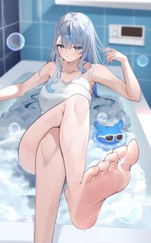 1girl :v amagai_ruka bare_shoulders barefoot bathroom bathtub blue_eyes blue_hair breasts commentary_request feet foot_focus grey_hair highres large_breasts long_hair mogmog_megmog naked_towel octopus presenting_foot soap_bubbles solo sunglasses towel twirling_hair virtual_youtuber weather_planet