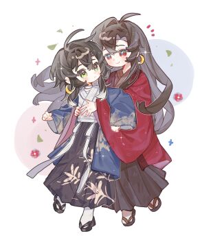 2girls black_hair black_sandals blue_kimono blush brown_hakama closed_mouth crescent crescent_earrings double-parted_bangs earrings eye_contact full_body green_eyes hair_between_eyes hakama hakama_skirt he_dian_dounai_ba highres hug hug_from_behind japanese_clothes jewelry kimono long_hair long_sleeves looking_at_another multiple_girls okobo original platform_sandals red_eyes red_kimono sandals skirt smile socks standing tabi white_socks wide_sleeves