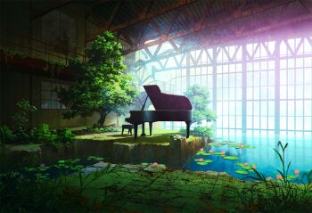 broken broken_glass day flower glass grass indoors instrument lily_pad lotus mocha_(cotton) moss no_humans original piano plant re:lief_~shin'ai_naru_anata_e~ ruins scenery stool tree warehouse water window