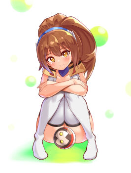 1girl azure_striker_gunvolt blush brown_eyes brown_hair cougar cougar_(cougar1404) female_focus gunvolt_chronicles_luminous_avenger_ix kohaku_(gunvolt) long_hair looking_at_viewer gunvolt_chronicles_luminous_avenger_ix orb ponytail roro_(gunvolt) tagme