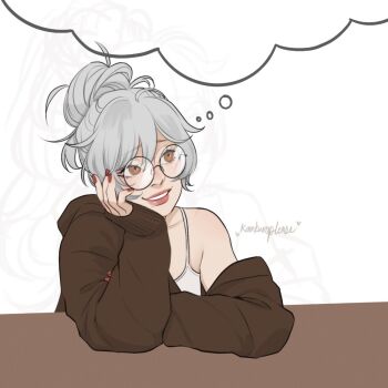 Rule 34 | 1girl, brown eyes, brown hoodie, camisole, commentary, english commentary, glasses, grey hair, hair bun, head rest, hood, hoodie, imagining, kankuroplease, looking up, off shoulder, original, red nails, round eyewear, signature, single hair bun, sleeves past wrists, solo, speech bubble, thought bubble, upper body, white camisole