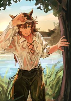 1girl absurdres animal_ears arm_up black_pants blue_eyes breasts brown_hair cloud commentary english_commentary hair_between_eyes highres horse_ears horse_girl lake long_hair long_sleeves multicolored_hair one_eye_closed open_mouth outdoors pants shirt sky small_breasts solo streaked_hair tapeanna tokai_teio_(umamusume) tree two-tone_hair umamusume water wet wet_clothes wet_pants wet_shirt white_hair white_shirt