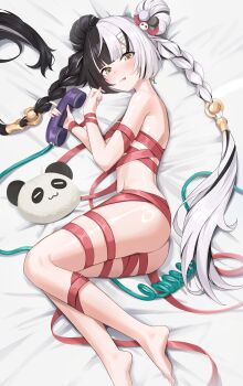 1girl absurdres ass black_hair blush braid breasts dialyn_(zenless_zone_zero) highres long_hair medium_breasts multicolored_hair on_bed panda phone red_ribbon ribbon smile solo split-color_hair suno_mcvg5553 tongue tongue_out twin_braids white_hair yellow_eyes zenless_zone_zero
