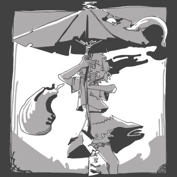 Rule 34 | 1girl, 3ma can omochi, arms up, closed mouth, commentary, feet out of frame, geta, greyscale, highres, holding, holding umbrella, karakasa obake, looking at viewer, midriff peek, monochrome, shirt, short sleeves, skirt, solo, standing, tatara kogasa, tongue, tongue out, touhou, umbrella