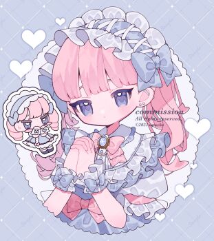 1girl artist_name blue_bow blue_dress blue_eyes blue_hairband blunt_bangs blush bow bowtie chibi closed_mouth collared_dress commentary commission dress ear_piercing frilled_dress frilled_hairband frilled_shirt_collar frilled_wrist_cuffs frills hair_bow hairband heart highres long_hair original piercing pink_bow pink_bowtie pink_hair sample_watermark twintails upa_papa_co upper_body watermark watermark_grid wrist_cuffs