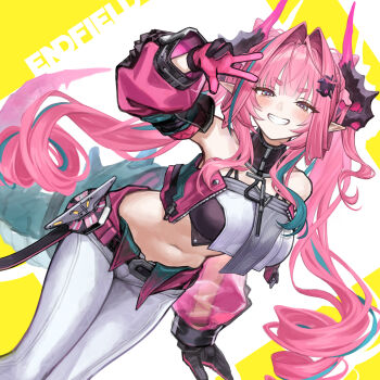 arknights arknights:_endfield black_horns cone_hair_bun diamond_in_eye gloves green_tail hair_bun hair_intakes hair_on_horn hashtag-only_commentary highres horns multicolored_gloves multicolored_horns pants pink_gloves pink_horns pink_sleeves pink_tube_top see-through_clothes see-through_sleeves strapless tube_top two-tone_gloves two-tone_horns white_pants yvonne_(arknights) zjm530280188