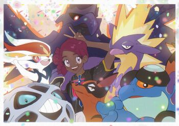 1girl :d arm_up artist_name black_sclera black_shirt border bright_pupils champion_uniform cinderace colored_sclera commentary commission confetti corviknight dark-skinned_female dark_skin english_commentary eyelashes fingernails gen_3_pokemon gen_5_pokemon gen_8_pokemon glalie highres km92 nintendo open_mouth orange_eyes pokemon pokemon_(creature) pokemon_swsh purple_eyes red_hair seismitoad shirt short_sleeves smile teeth thievul tongue tongue_out toxtricity toxtricity_(amped) upper_teeth_only v white_border white_pupils