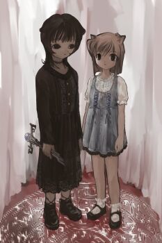 2fulun 2girls absurdres animal_ears black_dress black_hair blue_dress brown_hair choker cross-laced_clothes dress frilled_dress frills full_body highres holding holding_key key long_sleeves looking_at_viewer mary_janes multiple_girls original shirt shoes short_hair short_sleeves socks white_shirt white_socks