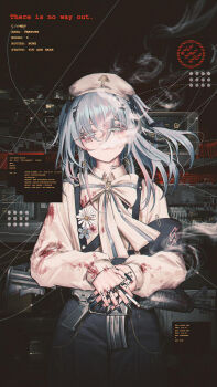 1girl assault_rifle black_nails blood blood_on_clothes blue_hair commentary_request gun hair_between_eyes hat highres holding holding_weapon jewelry long_hair looking_at_viewer multiple_rings nail_polish original rifle ring smoke solo two_side_up user_interface weapon white_background white_hat yurika-r