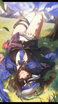 1girl belt black_belt black_bra blue_hat blue_jacket blue_necktie blunt_bangs bra brown_eyes brown_hair button_gap collared_shirt diesel_(nikke) dyanju epaulettes gloves goddess_of_victory:_nikke hair_spread_out hat highres holster jacket jacket_on_shoulders leaf long_hair looking_at_viewer lying meadow military_uniform mountainous_horizon necktie on_back partially_unbuttoned peaked_cap pleated_skirt salute shirt skirt solo striped_clothes striped_necktie thigh_holster thighs two-finger_salute underwear white_gloves white_shirt white_skirt