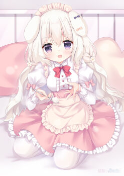 Rule 34 | 1girl, :d, amairo chocolata, animal ears, apron, black bow, blush, bow, bowtie, breasts, center frills, commentary, cream, dog ears, dog girl, ear bow, floppy ears, frilled apron, frilled skirt, frilled sleeves, frills, full body, hair between eyes, hands up, heart, heart-shaped pillow, high-waist skirt, highres, holding, holding spoon, incoming food, indoors, juliet sleeves, kk0220, large breasts, long hair, long sleeves, looking at viewer, maid, maid headdress, misono ichika, on bed, open mouth, pantyhose, pillow, pink bow, pink skirt, pleated skirt, puffy sleeves, purple eyes, red bow, red bowtie, skirt, sleeve bow, smile, solo, spoon, tareme, very long hair, wavy hair, white apron, white hair, white pantyhose