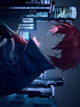 1boy 1zxn4 black_jacket blurry blurry_background cigarette city city_lights cityscape closed_mouth expressionless from_side green_eyes hair_between_eyes high_collar highres holding holding_cigarette jacket lauren_iroas lauren_iroas_(1st_costume) long_hair looking_ahead male_focus night night_sky nijisanji ponytail red_hair side_ponytail sideways sky skyline smoke smoke_trail smoking solo upper_body virtual_youtuber