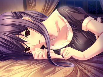 1girl black_hair black_shirt breasts clenched_hand close-up game_cg helga_hesse large_breasts long_hair looking_at_viewer m&amp;m_(mickey_and_mackey) magical_witch_concerto on_bed open_mouth orange_eyes pov pov_across_bed purple_eyes shirt smile solo upper_body