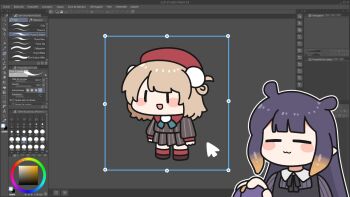 2girls :3 :d =_= beret black_dress black_ribbon blonde_hair blue_ribbon chibi chibi_only clip_studio_paint closed_mouth commentary dress english_commentary grey_jacket grey_skirt hair_ornament hair_rings hat highres hololive hololive_english indie_virtual_youtuber jacket multiple_girls neck_ribbon ninomae_ina'nis ninomae_ina'nis_(casual) open_mouth outline pinafore_dress pleated_skirt pom_pom_(clothes) pom_pom_hair_ornament purple_hair red_hat red_sailor_collar ribbon sailor_collar screenshot_background shigure_ui_(1st_costume)_(vtuber) shigure_ui_(vtuber) skirt sleeveless sleeveless_dress smile striped_clothes striped_jacket striped_skirt tentacle_hair too_literal underdatv vertical-striped_clothes vertical-striped_jacket vertical-striped_skirt virtual_youtuber white_outline |_|