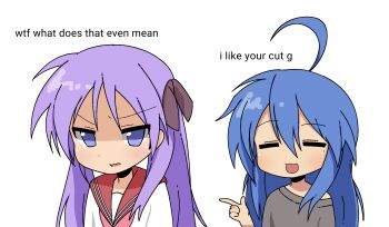 2girls =_= ahoge blue_eyes blue_hair english_text grey_shirt hair_ribbon highres hiiragi_kagami izumi_konata long_hair lucky_star mikoscrub mole mole_under_eye multiple_girls pointing purple_eyes red_sailor_collar ribbon ryouou_school_uniform sailor_collar school_uniform serafuku shaded_face shirt