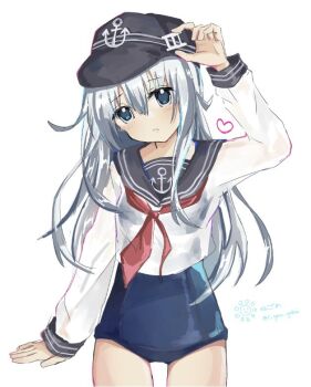 1girl anchor_symbol black_hat black_sailor_collar blue_eyes blue_one-piece_swimsuit commentary_request flat_cap hat hibiki_(kancolle) kantai_collection long_hair neckerchief old_school_swimsuit one-piece_swimsuit red_neckerchief sailor_collar sailor_shirt school_swimsuit school_uniform serafuku shirt simple_background solo swimsuit swimsuit_under_clothes white_background white_hair white_shirt ya_(nekozame)