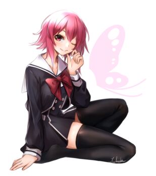 1girl black_thighhighs blush bow breasts buttons chaos;child chest_bow cropped_jacket double-breasted dress_vest hashtag-only_commentary hekiho_academy_school_uniform long_sleeves looking_at_viewer miniskirt no_shoes one_eye_closed onoe_serika pink_eyes pink_hair red_bow sailor_collar school_uniform science_adventure shiny_lips short_hair short_hair_with_long_locks simple_background sitting skirt small_breasts smile solo thighhighs wariza white_background white_sailor_collar yakku zettai_ryouiki