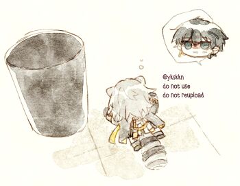 1boy 1girl animal_ears black_hair chibi closed_mouth commentary confused dan_heng_(honkai:_star_rail) drunk english_commentary grey_hair honkai:_star_rail honkai_(series) kana_(ykskkn) raccoon raccoon_ears raccoon_girl raccoon_tail short_hair sleepy stelle_(honkai:_star_rail) tail trailblazer_(honkai:_star_rail) trash trash_can watermark