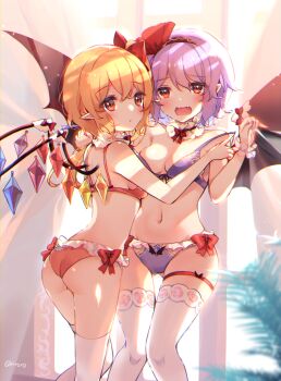 Rule 34 | 2girls, ass, bat wings, black hairband, blonde hair, blush, bra, breasts, frilled thigh strap, chromatic aberration, cleavage, commentary request, crystal, detached collar, fangs, flandre scarlet, hairband, highres, kirero, looking at viewer, medium breasts, multiple girls, open mouth, panties, pointy ears, purple bra, purple hair, purple panties, red bra, red eyes, red panties, remilia scarlet, short hair, siblings, sisters, standing, thigh strap, thighhighs, touhou, underwear, underwear only, white legwear, wings