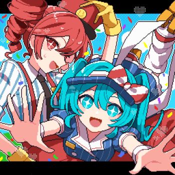 +_+ 2girls :d amefu_luna black_necktie blue_dress blue_eyes blue_hair blue_shirt blush_stickers collared_shirt commentary double-parted_bangs dress drill_hair gloves hair_between_eyes hat hatsune_miku highres kasane_teto letterboxed long_hair looking_at_viewer mesmerizer_(vocaloid) multiple_girls necktie open_mouth outside_border outstretched_arms pixel_art reaching reaching_towards_viewer red_hair red_hat roller_skates shirt short_hair short_sleeves skates smile socks striped_clothes striped_dress striped_shirt suspenders sweatdrop twin_drills twintails utau vertical-striped_clothes vertical-striped_dress vertical-striped_shirt vocaloid white_socks yellow_gloves