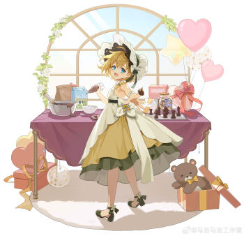 1girl :d absurdres ankle_flower ankle_ribbon arched_window bag balloon bare_shoulders blonde_hair blue_eyes bonnet border box braid chess_piece chinese_commentary chocolate chocolate_making chocolate_mold chocolate_on_hand dress drink_carton empire_waist flower food food_art food_on_hand frilled_bonnet frills from_behind full_body fur_rug gift gift_box granulated_sugar green_ribbon green_shoes hair_between_eyes halter_dress halterneck heart-shaped_box heart_balloon higan:_eruthyll highres holding holding_pastry_bag jar kitten_heels layered_dress leg_ribbon looking_at_viewer looking_back majimaji_studio medium_dress milk_carton mixing_bowl multicolored_dress muntins nut_(food) official_art open_mouth outstretched_arm paper_bag pastry_bag petite plant pleated_dress ribbon rooco rug shoes short_hair side_braid smile solo standing star_balloon stuffed_animal stuffed_toy table tablecloth teddy_bear vines whisk white_dress white_flower white_wrist_cuffs window wrist_cuffs yellow_dress
