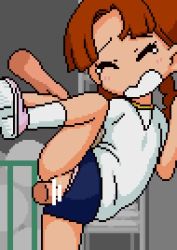 1boy 1girl after_rape aftersex against_wall akai_(ugokashitari) animated arm_grab blush braid breasts brown_hair buruma buruma_aside censored clenched_teeth clothed_sex clothing_aside crying crying_with_eyes_open cum cum_in_pussy cum_on_belly cum_on_body cum_on_clothes disembodied_hand disembodied_penis ejaculation facial gym_uniform hetero loli lowres lying on_back on_floor one_leg_raised original panties panties_aside penis pixel_art rape sex shoes small_breasts sportswear standing standing_on_one_leg standing_sex tears teeth twin_braids underwear vaginal video yuko_ogawa