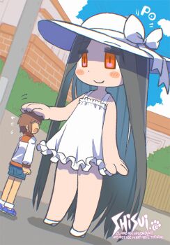 1boy 1girl black_hair blush_stickers bow commentary_request dot_nose dress dutch_angle faceless faceless_male frilled_dress frills hand_on_another&#039;s_head hasshaku-sama hat hat_bow japanese_urban_legends long_hair outdoors petting red_eyes shisui signature sky smile standing sun_hat sundress tall_female very_long_hair watermark white_bow white_dress white_hat