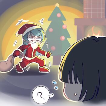 2girls ? aqua_hair bag bang_dream! black_hair boots christmas christmas_tree gloves hat highres hikawa_sayo holding holding_bag indoors long_hair multiple_girls non-web_source red_boots red_gloves red_hat santa_costume santa_hat shirokane_rinko surprised zevi_(zevi_ii)