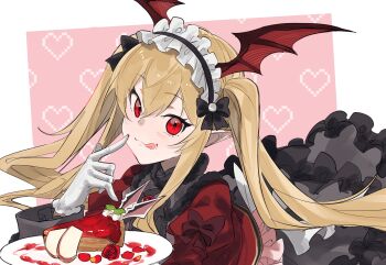 absurdres black_skirt blonde_hair cake cake_slice flower food gloves granblue_fantasy heart highres pointy_ears red_eyes ribbon rose skirt twintails vampy white_gloves yakota_(usuk-yako)