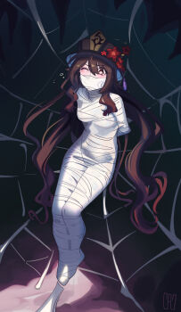 1girl blush bound breasts brown_hair cad_(caddo) cloth_gag gag gagged genshin_impact hat highres hu_tao_(genshin_impact) improvised_gag long_hair looking_at_viewer mummification_(bound) one_eye_closed silk small_breasts solo spider_web twintails very_long_hair