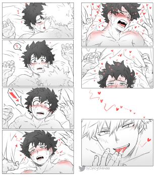 2boys 7koma aged_up bakudeku bakugou_katsuki bed bed_sheet blush boku_no_hero_academia bones_(company) completely_nude cum curly_hair embarrassed freckles green_hair happy_tears heart highres licking_cum messy_hair midoriya_izuku moaning multiple_boys nude on_bed saliva scar scar_on_arm scar_on_face sex shounen_jump smile spicythenaa spiked_hair tears yaoi