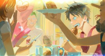 Rule 34 | 1girl, 4boys, beer mug, black hair, blue nose, brown fur, cup, eating, facial scar, food, from side, green hair, hat, hhyy090, highres, holding, holding food, holding plate, indoors, long nose, monkey d. luffy, mug, multiple boys, nami (one piece), one piece, open mouth, orange hair, pink hat, plate, profile, reindeer boy, roronoa zoro, scar, scar on cheek, scar on face, sharp teeth, shirt, short hair, teeth, tony tony chopper, twitter username, upper body, usopp, white shirt