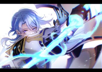 1boy arm_guards armor arms_up artist_name black_gloves blue_hair cheroi commentary commentary_request covered_mouth energy english_commentary fighting_stance floating_hair genshin_impact gloves gold_trim hair_between_eyes half_gloves highres holding holding_sword holding_weapon jacket japanese_armor japanese_clothes kamisato_ayato kimono lapels letterboxed liquid_weapon long_sleeves looking_at_viewer male_focus medium_hair mixed-language_commentary open_clothes open_jacket parted_bangs purple_eyes shoulder_armor sidelocks simple_background sode solo swept_bangs sword twitter_username upper_body water weapon white_background white_jacket wide_sleeves