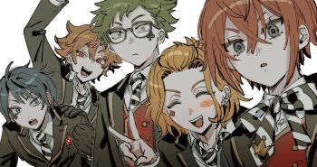 5boys :d :o ^_^ ace_trappola ahoge arm_up asymmetrical_bangs bangs_pinned_back black_gloves black_jacket blazer blue_eyes blue_hair blush_stickers bow bowtie buttons cater_diamond clenched_hand closed_eyes club_(shape) club_facial_mark collared_shirt crossed_bangs curtained_hair deuce_spade diagonal-striped_bow diagonal-striped_bowtie diagonal-striped_clothes diagonal-striped_necktie diamond_facial_mark double-breasted earrings facial_mark facing_viewer glasses gloves gold_trim green_hair grey_eyes grin hair_between_eyes hand_on_another's_shoulder hand_up heart heart_facial_mark heartslabyul_dorm hoop_earrings hunched_over jacket jewelry lapels leather leather_gloves light_frown long_sleeves looking_at_viewer male_focus multiple_boys necktie night_raven_college_school_uniform notched_lapels open_clothes open_jacket open_mouth orange_hair outline pale_skin parted_bangs rectangular_eyewear red_eyes red_hair red_vest riddle_rosehearts school_uniform shirt short_hair silver_earrings simple_background single_blush_sticker small_pupils smile spade_(shape) spade_facial_mark spiked_hair striped_bow striped_bowtie striped_clothes tie_clip trey_clover twisted_wonderland upper_body ureyyyyy v v-shaped_eyebrows very_short_hair vest waistcoat white_background white_outline white_shirt wide-eyed yellow_eyes