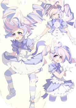 1girl absurdres blue_archive brooch bubble_skirt casting_spell drill_hair gloves hair_ornament halo highres jacket jewelry liwen520 looking_at_viewer magical_girl multicolored_hair multiple_views pink_hair pink_halo powering_up puffy_short_sleeves puffy_sleeves purple_eyes purple_hair reisa_(blue_archive) short_sleeves simple_background skirt socks solo star_(symbol) star_hair_ornament star_halo striped_clothes striped_socks super_saiyan swept_bangs twintails two-tone_hair white_background white_gloves wing_brooch wing_ornament