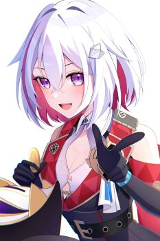 1girl bare_shoulders belt blue_eyes breasts cleavage coin colored_inner_hair detached_sleeves hair_ornament hairclip highres honkai:_star_rail honkai_(series) large_breasts looking_at_viewer miitzi_mochi multicolored_eyes multicolored_hair numby_(honkai:_star_rail) open_mouth pointing purple_eyes red_hair short_hair smile topaz_(honkai:_star_rail) trotter_(honkai:_star_rail) white_hair