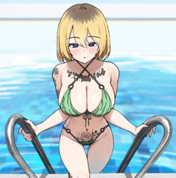 1girl arm_tattoo bikini blonde_hair blue_eyes blush breasts chest_tattoo cleavage commentary commission cowboy_shot double-parted_bangs english_commentary flower_tattoo food_print fruit_print green_bikini hair_between_eyes highres hip_tattoo large_breasts looking_at_viewer multicolored_hair multiple_tattoos navel original parted_lips pool print_bikini pubic_tattoo roots_(hair) short_hair solo swimsuit tattoo twin_(tt_lsh) water watermelon_print
