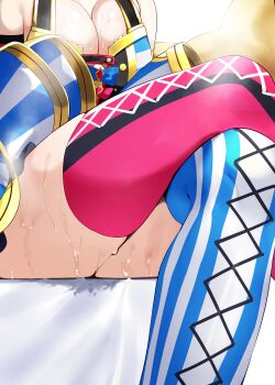 1girl absurdres asymmetrical_legwear blue_thighhighs breasts cleavage crossed_legs head_out_of_frame highres hololive mismatched_legwear omaru_polka omaru_polka_(1st_costume) pink_thighhighs sitting skirt solo striped_clothes striped_skirt striped_thighhighs sweat thighhighs tsushi very_sweaty virtual_youtuber