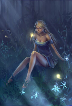 1girl an_ptichka barefoot blonde_hair blue_dress blue_eyes braid breasts bug cleavage_cutout clothing_cutout collarbone dress firefly flower forest glowing grass highres insect legs lips long_hair nature off-shoulder_dress off_shoulder on_ground original outdoors plant sitting slavya-chan solo tree twin_braids twintails