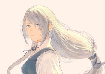 1girl blue_ribbon blue_vest braid breasts closed_mouth collared_shirt final_fantasy final_fantasy_xvi grey_background grey_eyes grey_hair hair_between_eyes hair_ribbon j2_path jill_warrick light_smile long_hair looking_at_viewer low-tied_long_hair medium_breasts ribbon shirt side_braid solo upper_body vest white_shirt