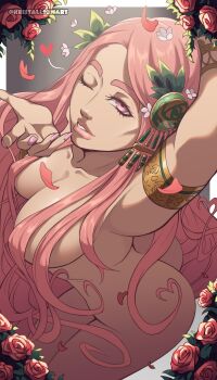 Rule 34 | 1girl, aphrodite (hades), ass, blowing kiss, breasts, convenient censoring, convenient hair, flower, hades (series), hair over breasts, highres, jewelry, kristallion, long hair, looking at viewer, nail polish, nude, petals, pink eyes, pink hair, pink nails, rose, rose petals, simple background, smile, solo, thick eyebrows, very long hair
