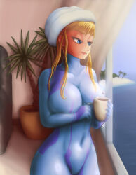 Rule 34 | 1girl, alternate breast size, bad tag, beach house, blonde hair, blue eyes, blue suit, bodysuit, breasts, coffee cup, cup, disposable cup, grabbing, grabbing from behind, grabbing object, half-closed eyes, head tuft, home, huge breasts, indoors, looking at viewer, looking inside, metroid, morning, nintendo, palm tree, pink lips, plant, saf-404, saf 404, safartwoks, safartworks, samus aran, suit, tree, upper body, video game character, widescreen, zero suit